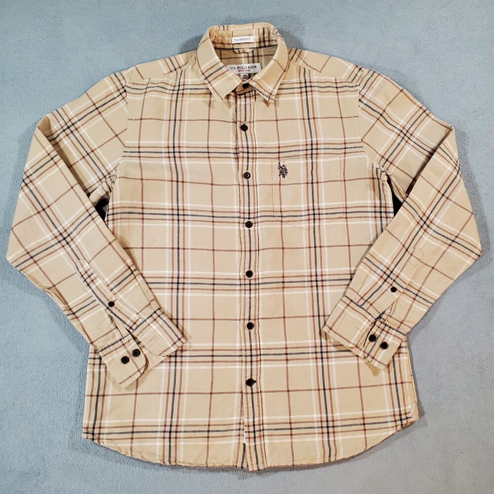 US Polo Assn Shirt Mens Medium Tan Linen Madras Plaid Slim Button Down Classic
